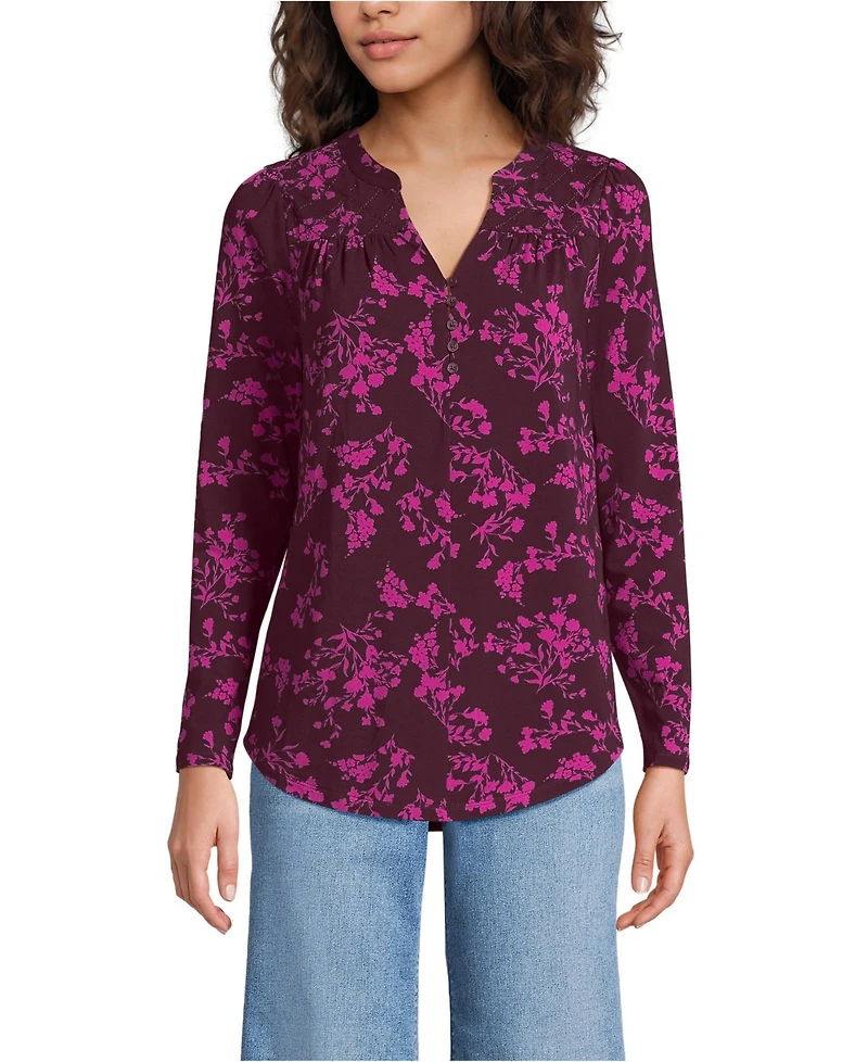 Lands' End Women's Petite Long Sleeve Lightweight Jersey Notch Neck Tunic Top