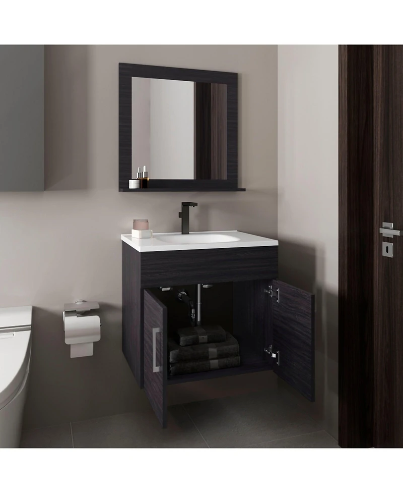 Depot E-Shop Jette Bathroom Set, Vanity Sink + Mirror, 2 Doors, 1 Shelf, White