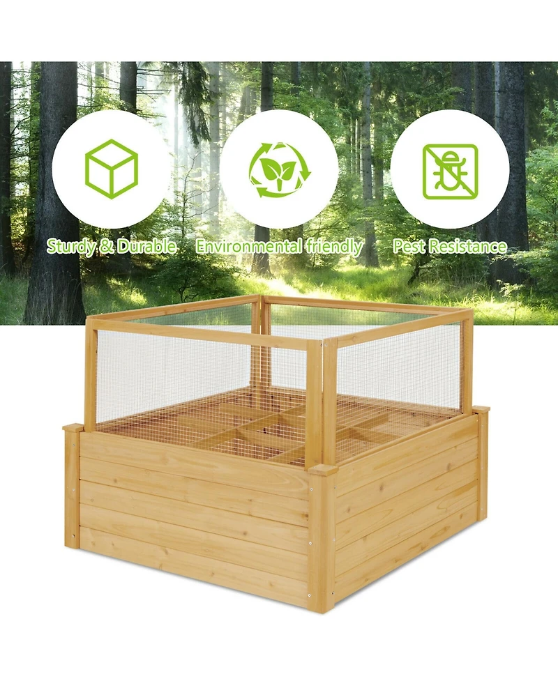 Gymax Raised Garden Bed Guard Fence Wooden Garden Box with 9 Grids & Critter