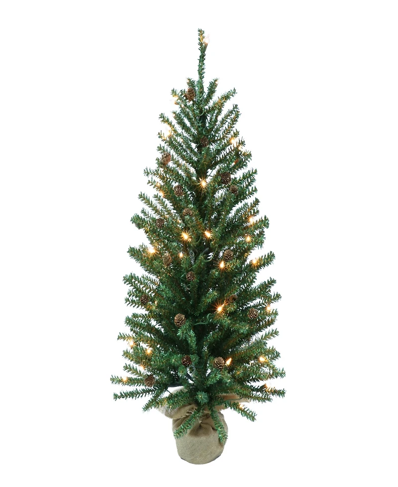Puleo Pre-Lit Fir Artificial Christmas Tree with Pines Cones and 50 Lights, 3'