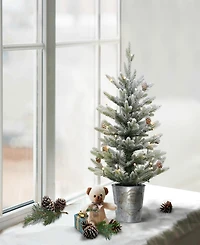 Puleo Pre-Lit Flocked Table Top Artificial Christmas Tree with 35 Lights in Metal Pot, 2'