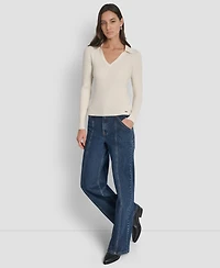 Dkny Jeans Petite Ribbed Johnny-Collar Sweater