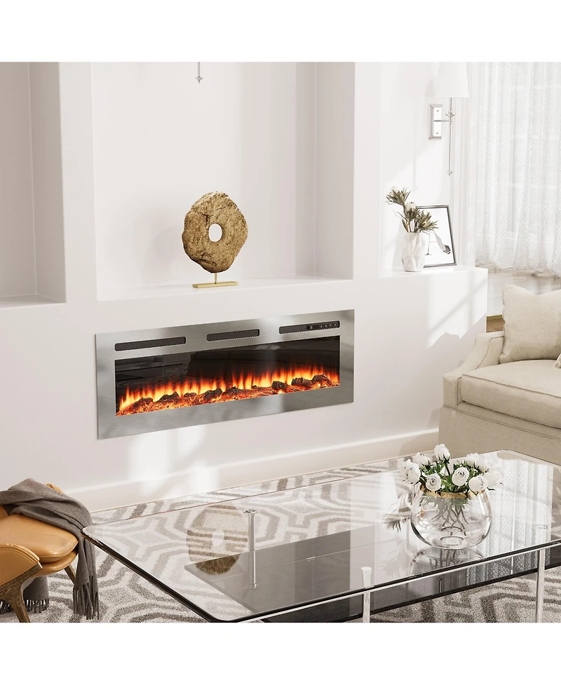 50''Stainless Steel Recessed or Wall Mount Smart Electric Fireplace