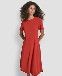 Dkny Short Sleeve Jewel Neck Suede Midi Dress