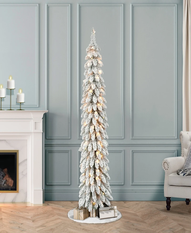 Puleo 6FT Pre-Lit Flocked Alpine Pencil Artificial Christmas Tree