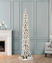 Puleo 6FT Pre-Lit Flocked Alpine Pencil Artificial Christmas Tree