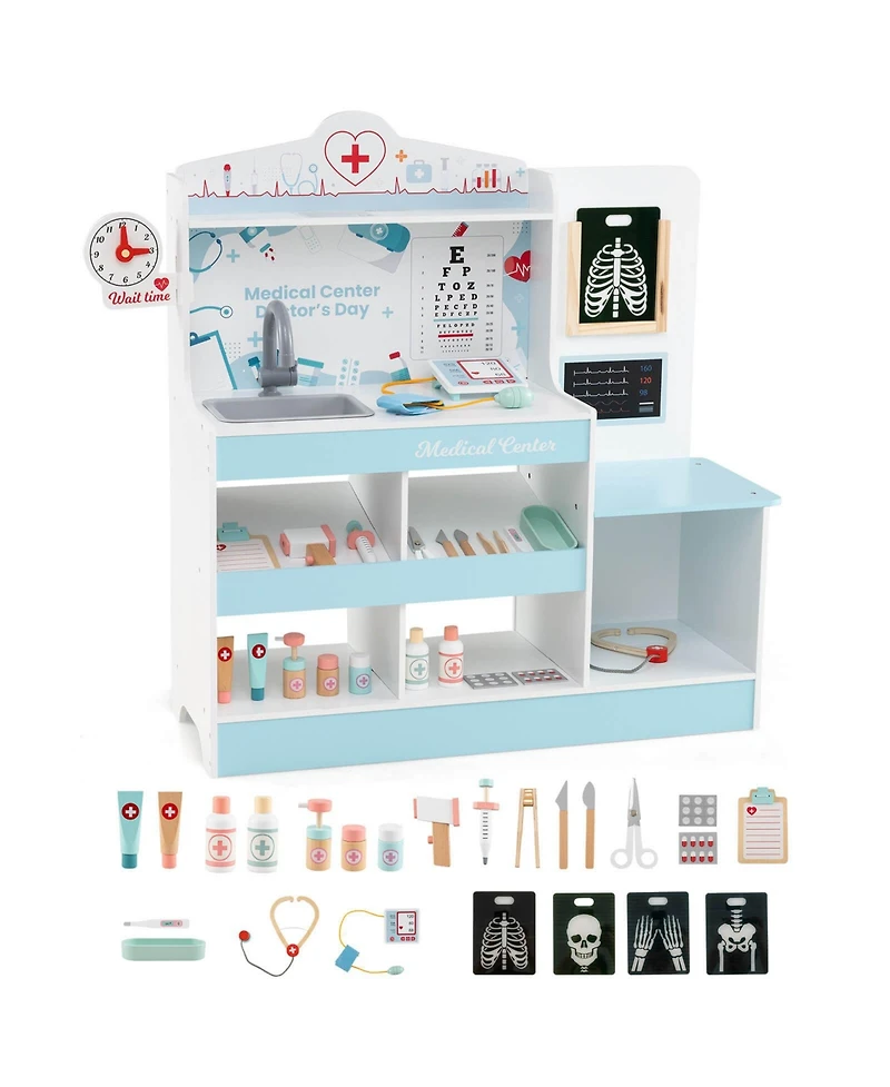 Wooden Doctor Play Set with Clock Sink Eye Chart Ecg Monitor Exam Area Storage