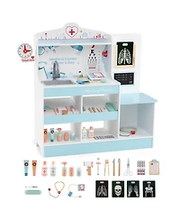 Wooden Doctor Play Set with Clock Sink Eye Chart Ecg Monitor Exam Area Storage