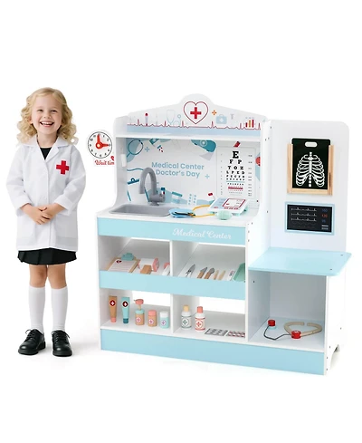 Wooden Doctor Play Set with Clock Sink Eye Chart Ecg Monitor Exam Area Storage