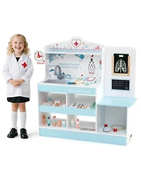 Wooden Doctor Play Set with Clock Sink Eye Chart Ecg Monitor Exam Area Storage