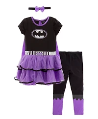 Justice League Warner Bros Costume Dress Leggings Cape and Headband 4 Piece Set