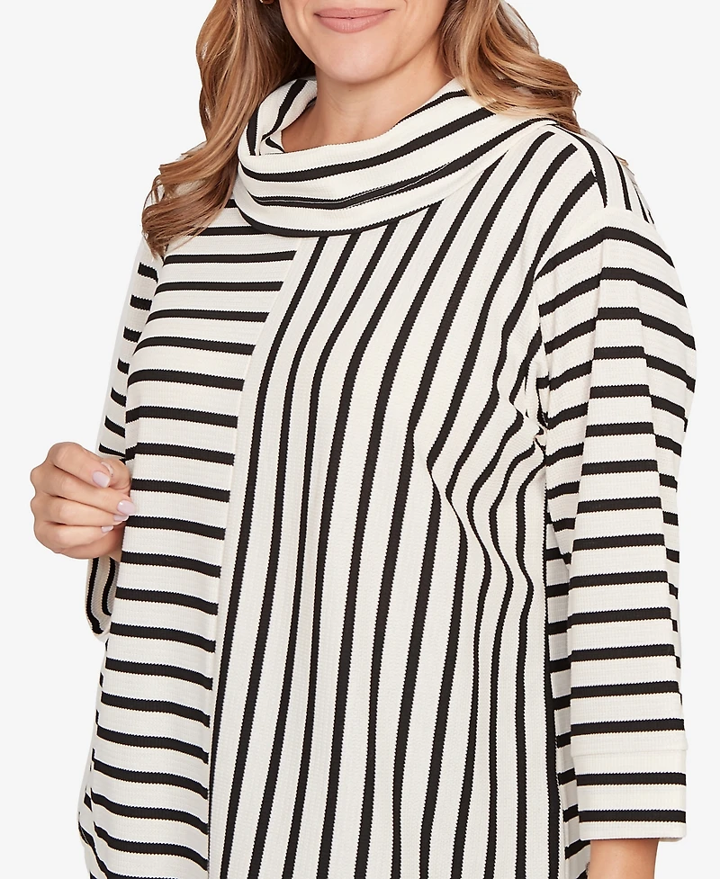 Hearts Of Palm Plus Striped 3/4 Sleeve Cowl Neck Top