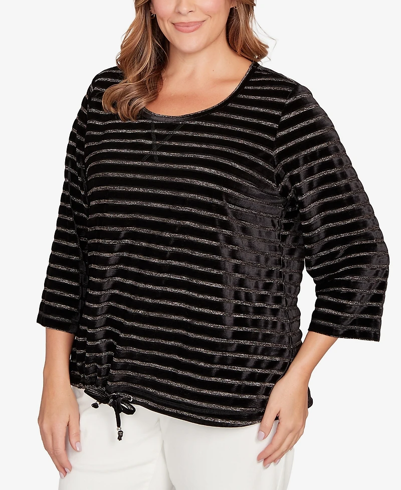 Hearts Of Palm Plus Long Sleeve Metallic Stripe Blouson Top