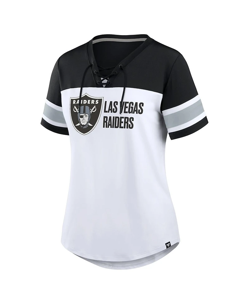 Fanatics Women's White/Black Las Vegas Raiders Athena Lace-Up V-Neck T-Shirt