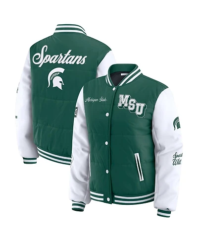 Wear by Erin Andrews Women'sGreen Michigan State Spartans Varsity Full-Snap Puffer Jacket