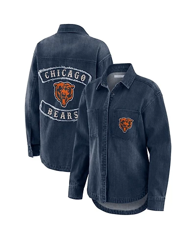 Wear by Erin Andrews Women's Denim Chicago Bears Washed Oversized Full-Snap Shacket