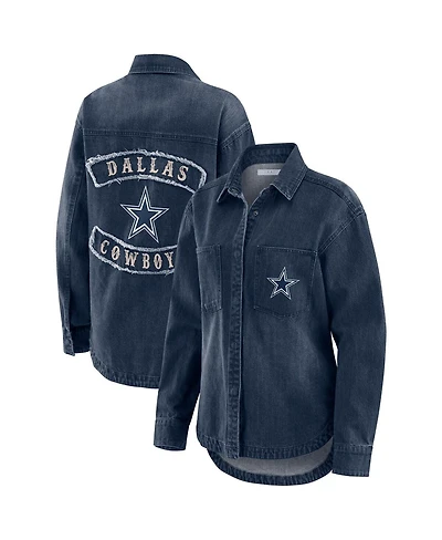 Wear by Erin Andrews Women's Denim Dallas Cowboys Washed Oversized Full-Snap Shacket