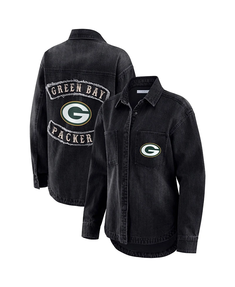 Wear by Erin Andrews Women's Black Green Bay Packers Washed Oversized Denim Full-Snap Shacket