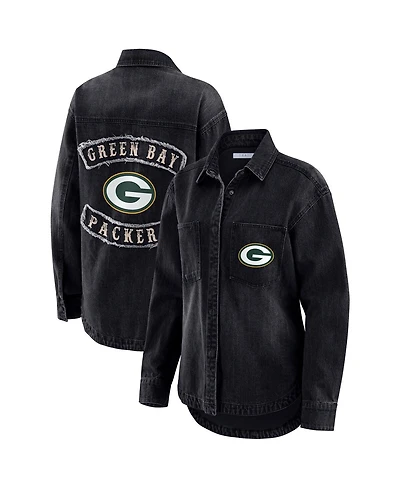 Wear by Erin Andrews Women's Black Green Bay Packers Washed Oversized Denim Full-Snap Shacket