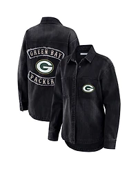 Wear by Erin Andrews Women's Black Green Bay Packers Washed Oversized Denim Full-Snap Shacket