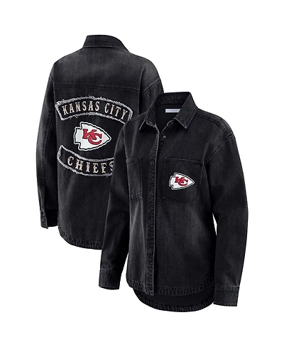 Wear by Erin Andrews Women's Black Kansas City Chiefs Washed Oversized Denim Full-Snap Shacket