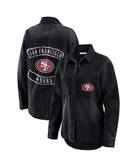 Wear by Erin Andrews Women's Black San Francisco 49ers Washed Oversized Denim Full-Snap Shacket