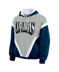 Wear by Erin Andrews Women's Navy/Silver Dallas Cowboys Retro Crinkle Full-Zip Hoodie Windbreaker Jacket