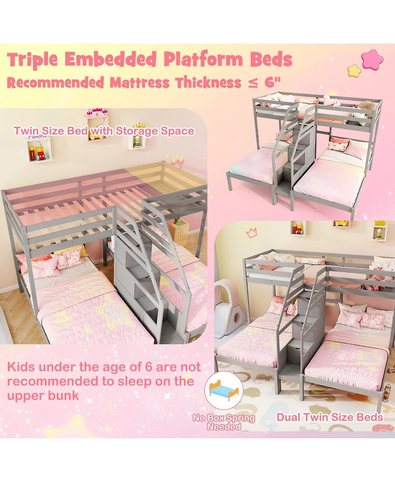 Gymax Wooden Twin Over Twin & Twin Bunk Bed w/ 4-Step Storage Staircase Guardrail