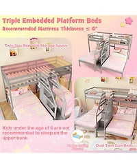 Gymax Wooden Twin Over Twin & Twin Bunk Bed w/ 4-Step Storage Staircase Guardrail