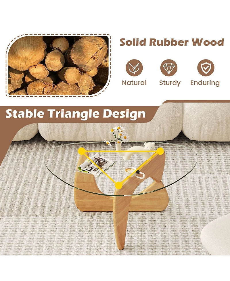 Gymax Triangle Coffee Table w/ Tempered Glass Top & Adjustable Rubber Wood Base