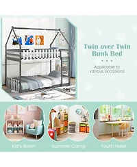 Gymax Twin Over Twin Bunk Bed w/ Fence & Ladder Solid Wood Floor Bunk Bed for Kids