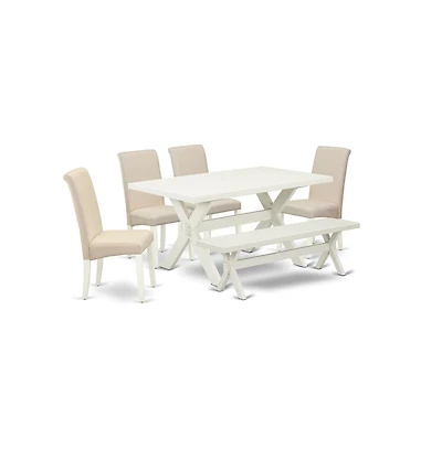 East West Furniture Stylish Dining Room Set an Outstanding Linen White dining table Top and 5 Stunning Linen Fabric Dining Chairs with High Roll Chair