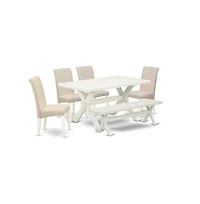 East West Furniture Stylish Dining Room Set an Outstanding Linen White dining table Top and 5 Stunning Linen Fabric Dining Chairs with High Roll Chair