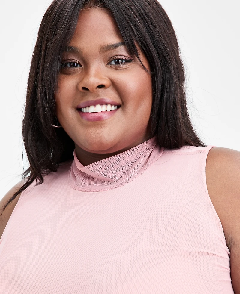 Bar Iii Trendy Plus Mesh Mock-Neck Fit & Flare Dress, Macy's Exclusive