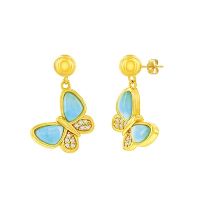 Sterling Silver, Larimar & Cz Butterfly Earrings - Gold Plated