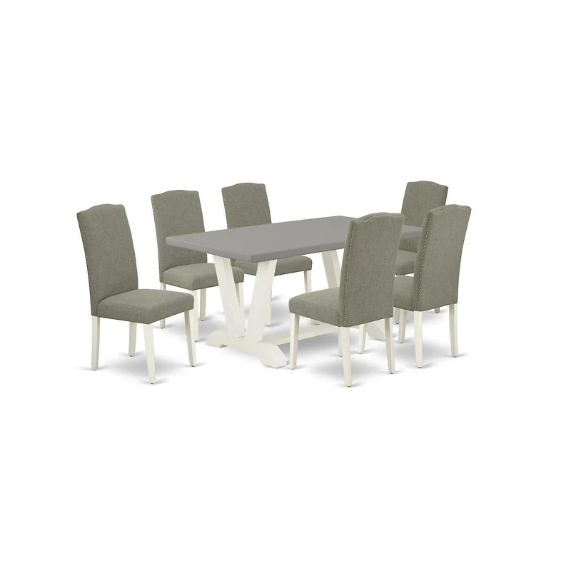 East West Furniture 7-Piece Fashionable Dining Room Table Set a Good Cement Color Kitchen Rectangular Table Top and 6 Excellent Linen Fabric Parson Ch