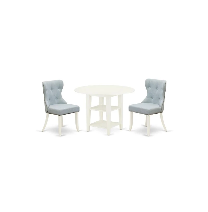 East West Furniture dining room table set of 2 excellent dining chairs with Linen Fabric Baby Blue color and a lovely dining table with Linen White co