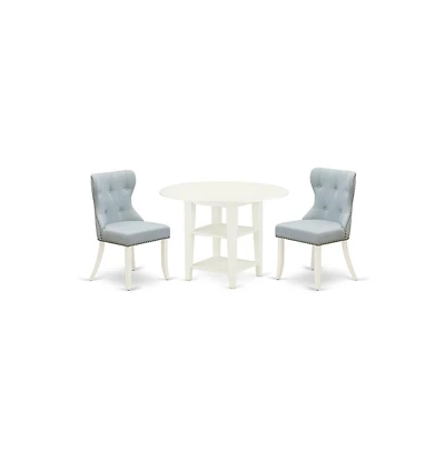 East West Furniture dining room table set of 2 excellent dining chairs with Linen Fabric Baby Blue color and a lovely dining table with Linen White co