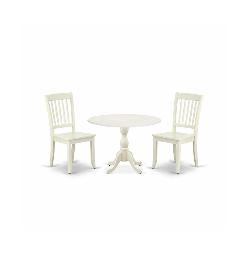 East West Furniture 3 Piece Dining Table Set Consists of 1 Drop Leaves Wooden Dining Table and 2 Linen White Mid Century Modern Dining Chairs with Sla