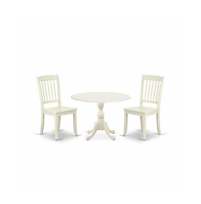 East West Furniture 3 Piece Dining Table Set Consists of 1 Drop Leaves Wooden Dining Table and 2 Linen White Mid Century Modern Dining Chairs with Sla