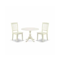 East West Furniture 3 Piece Dining Table Set Consists of 1 Drop Leaves Wooden Dining Table and 2 Linen White Mid Century Modern Dining Chairs with Sla