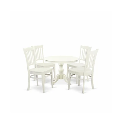 East West Furniture 5 Piece Table and Chairs Dining Set - Linen White Wood Table and 4 Linen White Wooden Chairs with Slatted Back