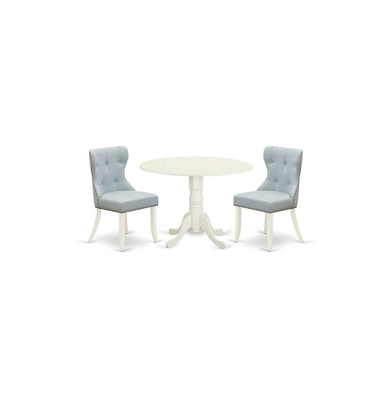East West Furniture dining table set of two fantastic dining room chairs with Linen Fabric Baby Blue color and an attractive wood table with Linen Whi