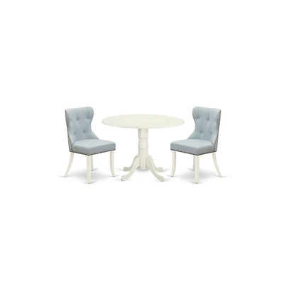East West Furniture dining table set of two fantastic dining room chairs with Linen Fabric Baby Blue color and an attractive wood table with Linen Whi