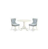 East West Furniture dining table set of two fantastic dining room chairs with Linen Fabric Baby Blue color and an attractive wood table with Linen Whi
