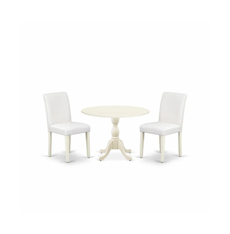 East West Furniture 3 Piece Dining Room Set Includes 1 Drop Leaves Dining Table and 2 White Pu Leather Upholstered Dining Chairs with High Back