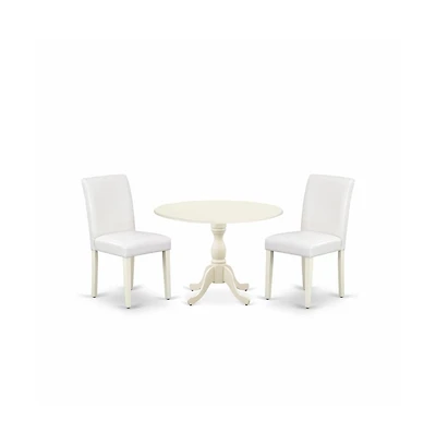 East West Furniture 3 Piece Dining Room Set Includes 1 Drop Leaves Dining Table and 2 White Pu Leather Upholstered Dining Chairs with High Back