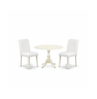 East West Furniture 3 Piece Dining Room Set Includes 1 Drop Leaves Dining Table and 2 White Pu Leather Upholstered Dining Chairs with High Back