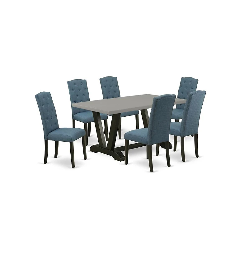 East West Furniture 7-Pc Kitchen Table Set - 6 Dining Chairs and 1 Modern Rectangular Cement Kitchen Table with Button Tufted Chair Back