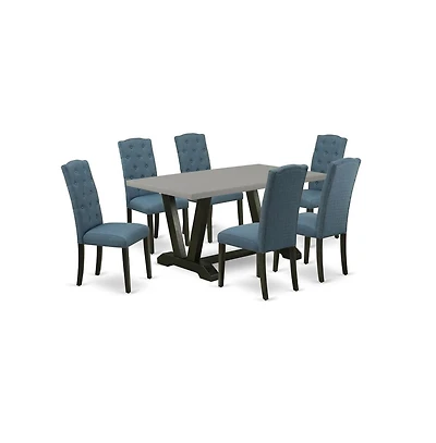 East West Furniture 7-Pc Kitchen Table Set - 6 Dining Chairs and 1 Modern Rectangular Cement Kitchen Table with Button Tufted Chair Back